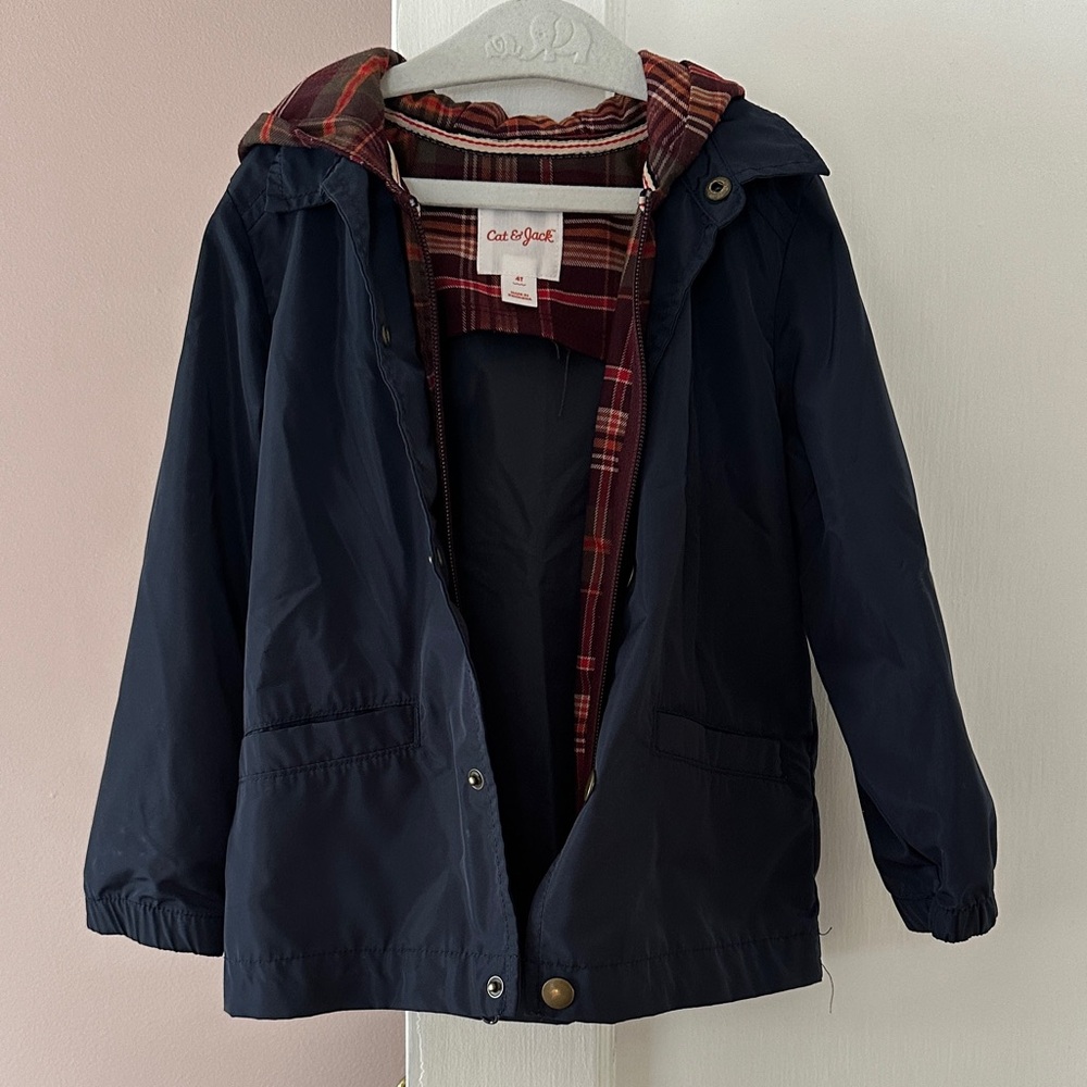 Cat & Jack Dark Blue Kids Raincoat with Red Plaid Interior